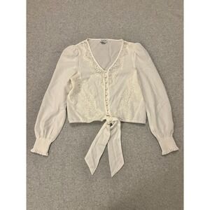 bebe Crop Top Blouse Womens Size 2 White Lace Sheer Coquette Tie Front Romantic